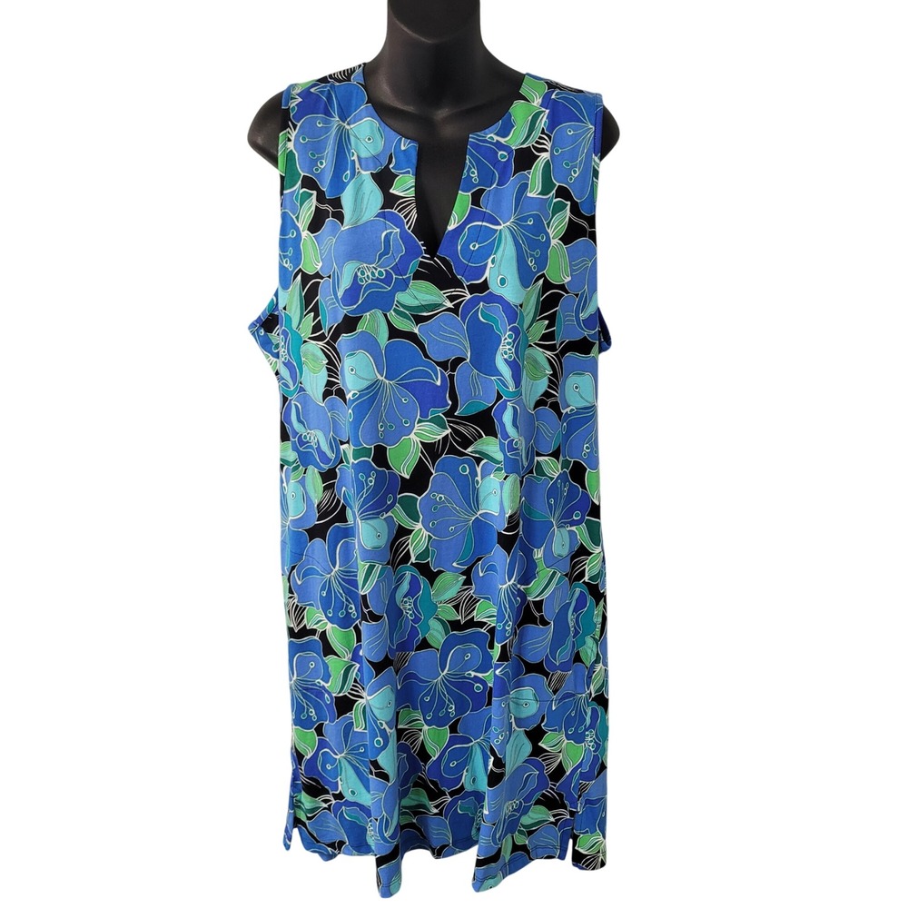 Lands End Womens Large Blue Floral Sleeveless Cotton Shift Dress 492685